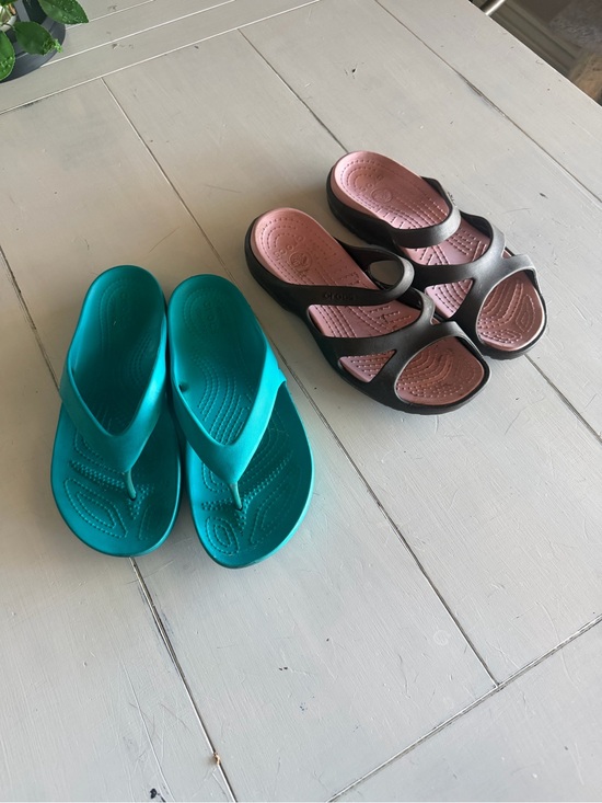 CROCS Shoes - CROCS Teal Flip Flops and Black/Pink Slide Sandals Bundle